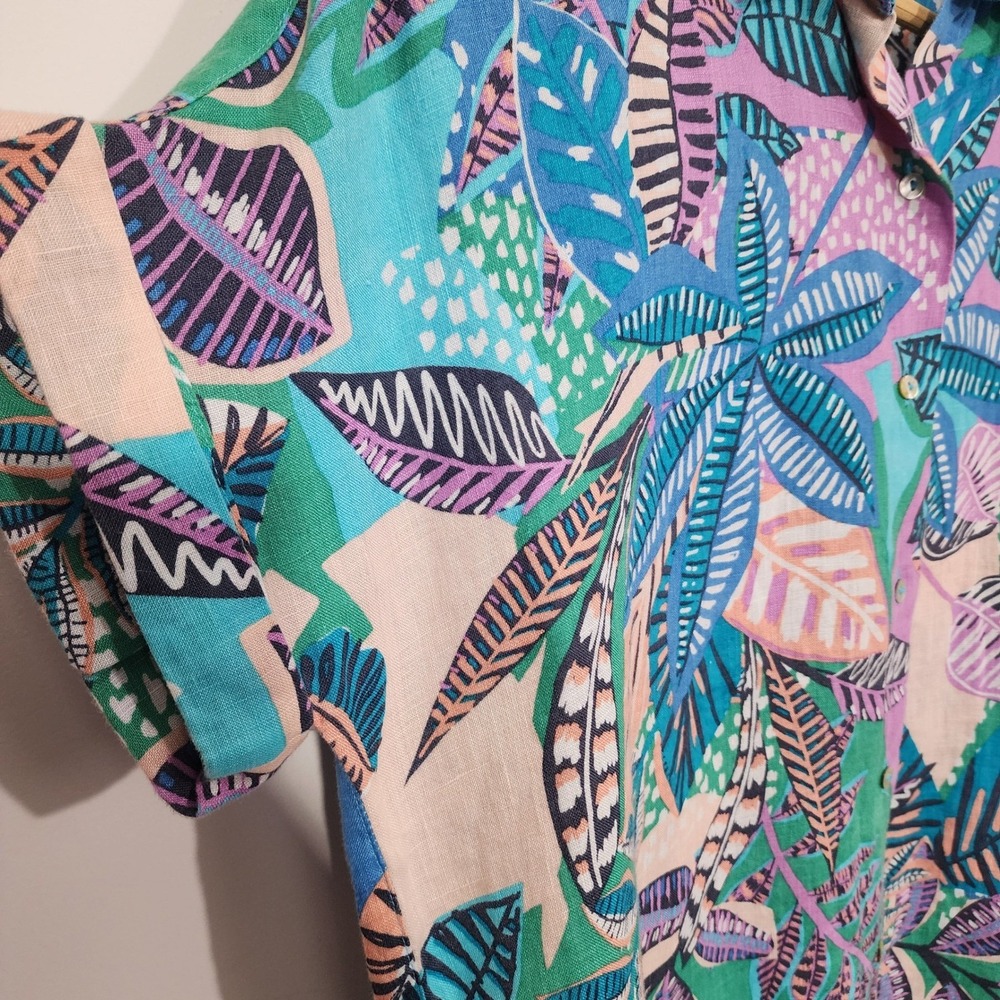Cynthia Rowley Womens Med 100% Linen Tropical Leaf Print camp shirt button up - Picture 5 of 8